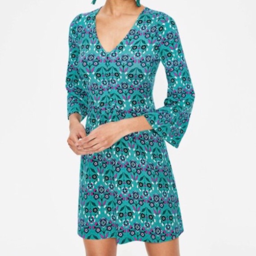 Boden Womens Scarlett Blue Floral Jersey Tunic Dress Bell Sleeves size 4